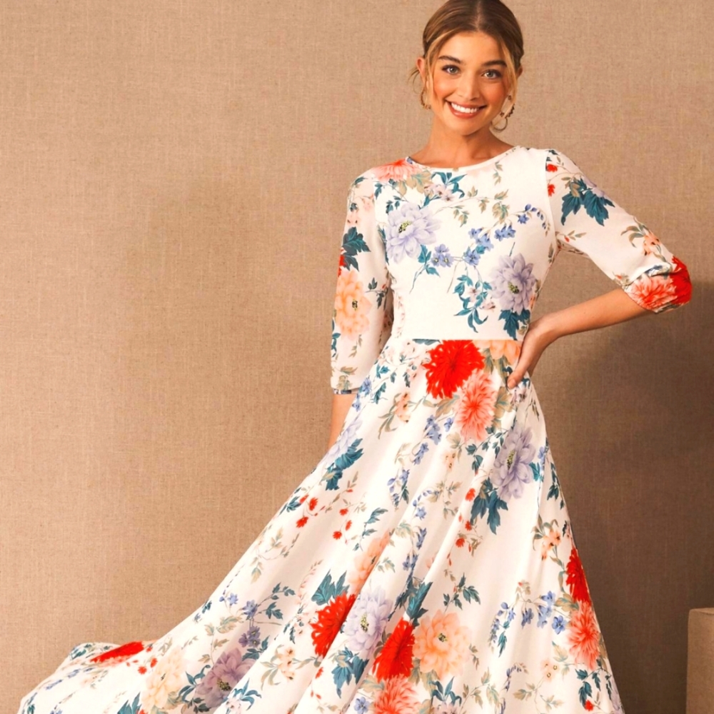 Yumi Kim White Floral Wedding Dress with Red and Teal Accents